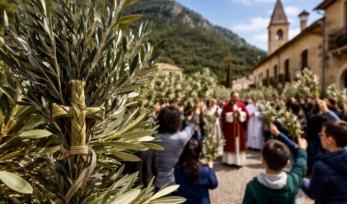 Rami di ulivo durante la Domenica delle Palme in Abruzzo con processione religiosa e fedeli