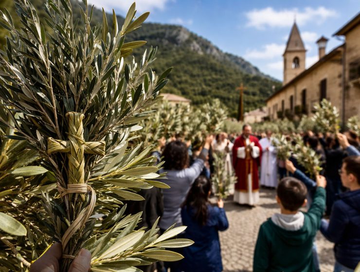Rami di ulivo durante la Domenica delle Palme in Abruzzo con processione religiosa e fedeli