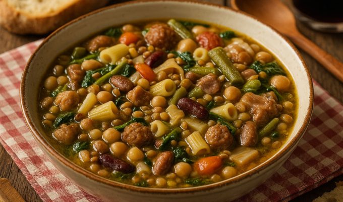 Piatto di Virtù Teramane con legumi, verdure, pasta e carne della tradizione abruzzese
