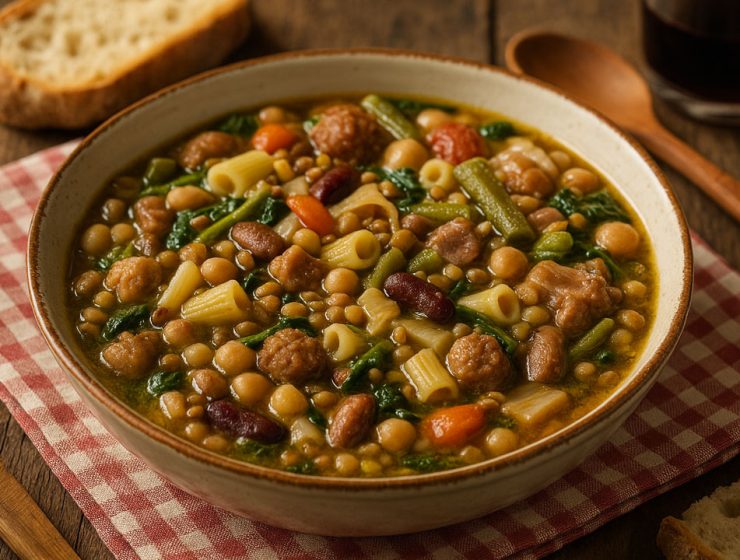 Piatto di Virtù Teramane con legumi, verdure, pasta e carne della tradizione abruzzese