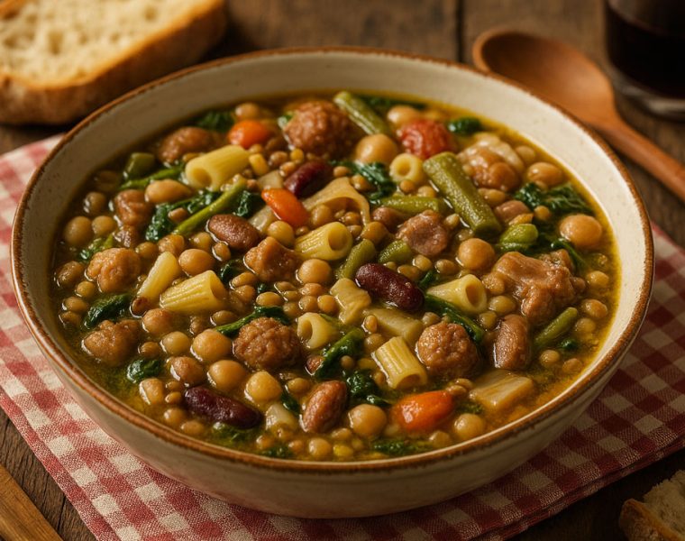 Piatto di Virtù Teramane con legumi, verdure, pasta e carne della tradizione abruzzese