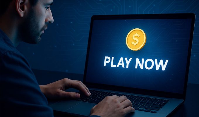 Evoluzione portali gioco online: uomo al computer in ambiente digitale blu che rappresenta l’innovazione tecnologica nel gaming virtuale.
