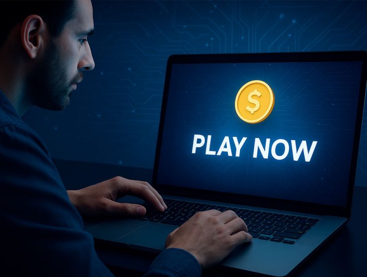 Evoluzione portali gioco online: uomo al computer in ambiente digitale blu che rappresenta l’innovazione tecnologica nel gaming virtuale.