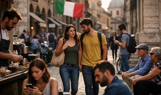Scena di vita quotidiana in una città italiana, tra generazioni diverse e cambiamenti sociali contemporanei.