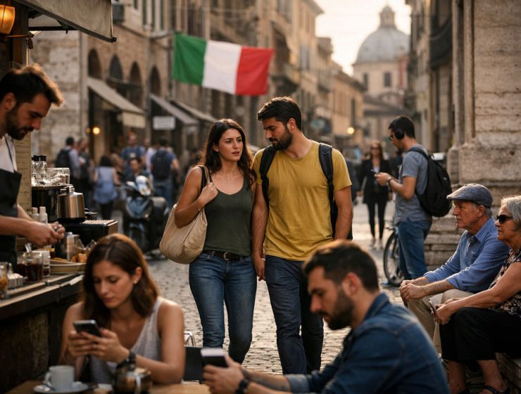 Scena di vita quotidiana in una città italiana, tra generazioni diverse e cambiamenti sociali contemporanei.