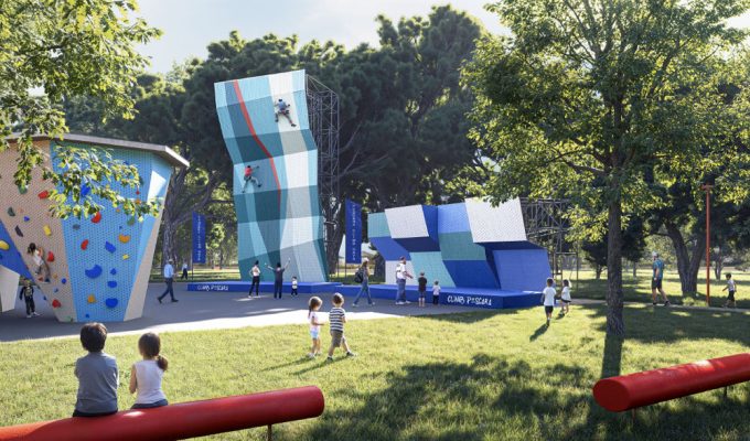 Rendering del nuovo Parco Nord Pescara con area arrampicata, spazi sportivi e percorsi verdi pensati per famiglie, giovani e attività all’aria aperta.
