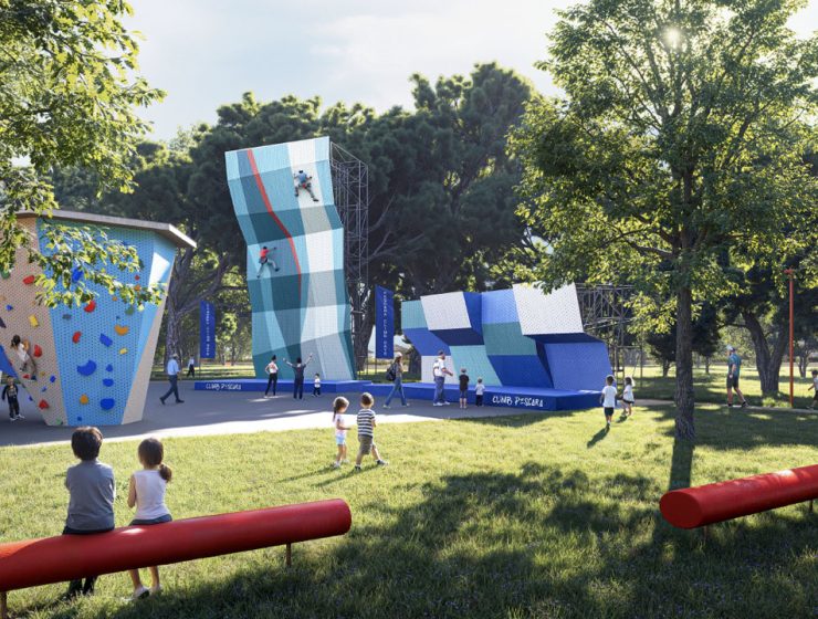 Rendering del nuovo Parco Nord Pescara con area arrampicata, spazi sportivi e percorsi verdi pensati per famiglie, giovani e attività all’aria aperta.