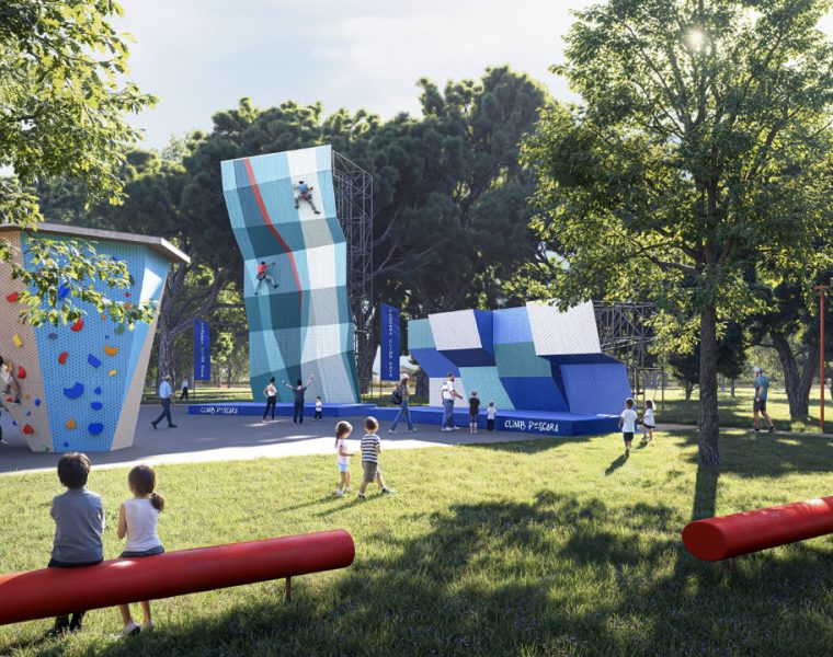 Rendering del nuovo Parco Nord Pescara con area arrampicata, spazi sportivi e percorsi verdi pensati per famiglie, giovani e attività all’aria aperta.