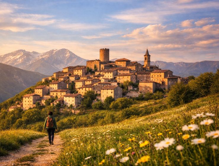 Primavera segreta Abruzzo borghi con sentiero fiorito verso un borgo medievale tra le montagne