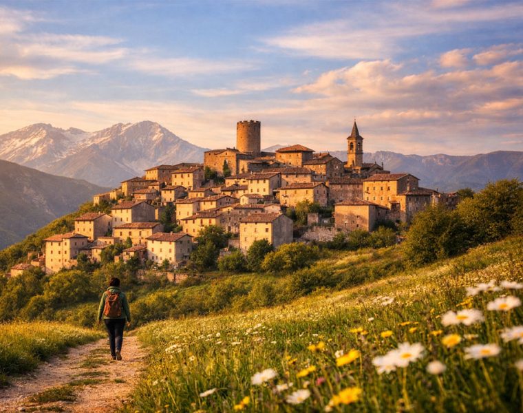Primavera segreta Abruzzo borghi con sentiero fiorito verso un borgo medievale tra le montagne