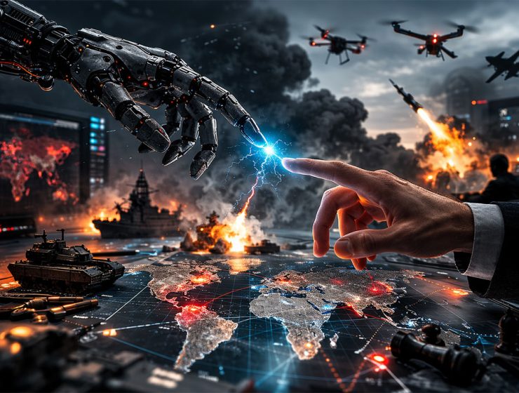 Etica algoritmi guerra rappresentata da una mano robotica e una umana sopra una mappa geopolitica in scenario di conflitto tecnologico