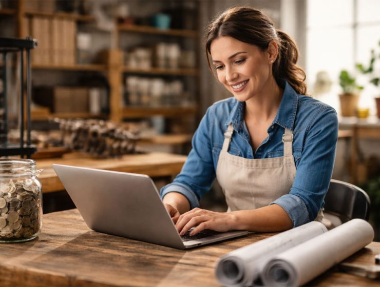 Giovane imprenditrice al lavoro su laptop in laboratorio artigianale per avvio attività grazie ai microprestiti Abruzzo imprese