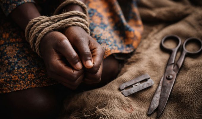 Rappresentazione simbolica della violazione dei diritti delle donne legata alle mutilazioni genitali femminili