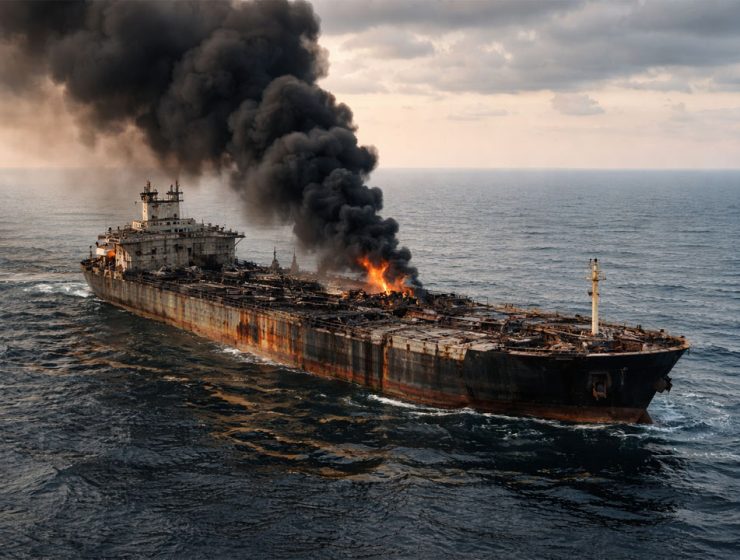 Petroliera danneggiata alla deriva nel Mediterraneo con incendio e fumo nero sul mare aperto