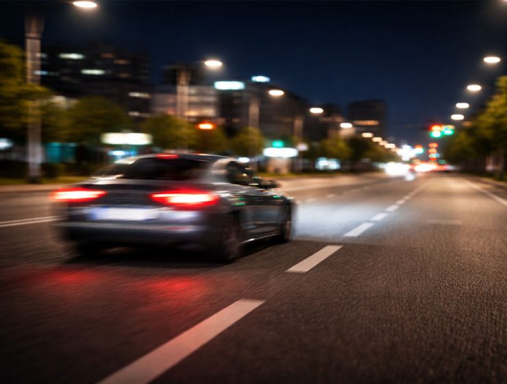 Auto in velocità su strada urbana di notte, immagine simbolica delle corse clandestine e della sicurezza pubblica a Montesilvano
