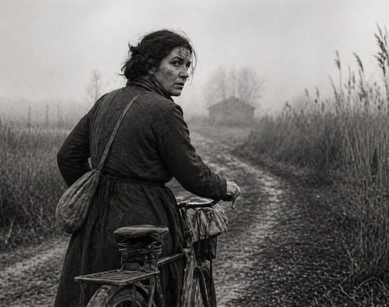 Donna partigiana con bicicletta nella resistenza femminile durante la guerra