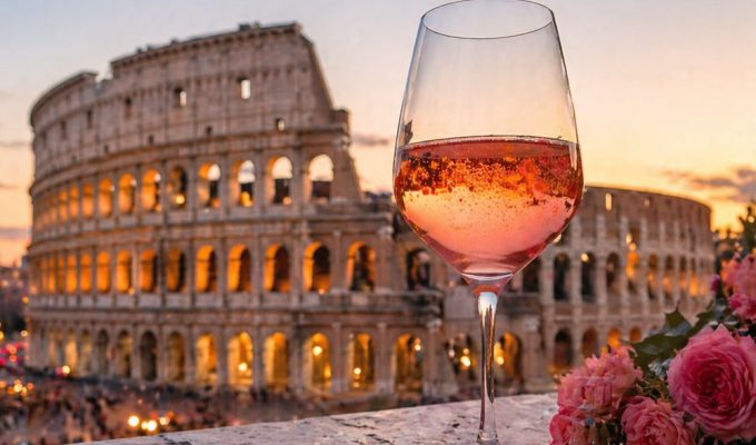 Calice di Cerasuolo d’Abruzzo con Colosseo di Roma al tramonto sullo sfondo