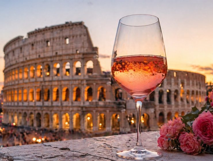 Calice di Cerasuolo d’Abruzzo con Colosseo di Roma al tramonto sullo sfondo