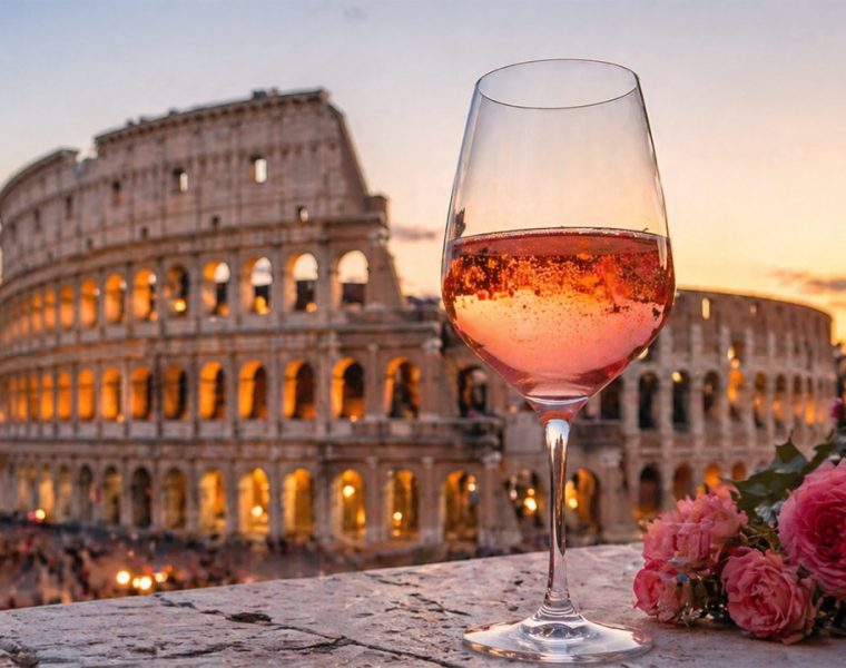 Calice di Cerasuolo d’Abruzzo con Colosseo di Roma al tramonto sullo sfondo