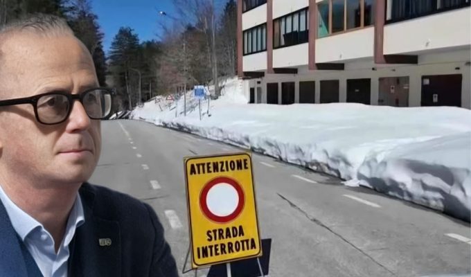 Accessi chiusi alla Maielletta con strada interrotta verso Passolanciano e neve ai lati della carreggiata