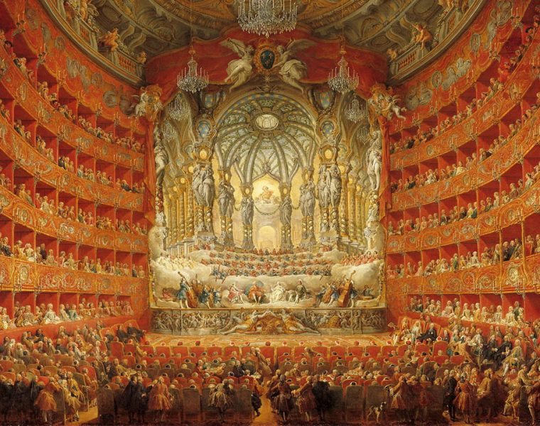 Teatro d’opera storico con orchestra e pubblico, simbolo della musica classica italiana