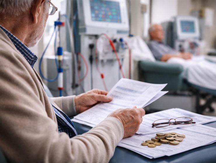 Paziente in dialisi controlla documenti e spese mediche per rimborsi nefropatici in ritardo