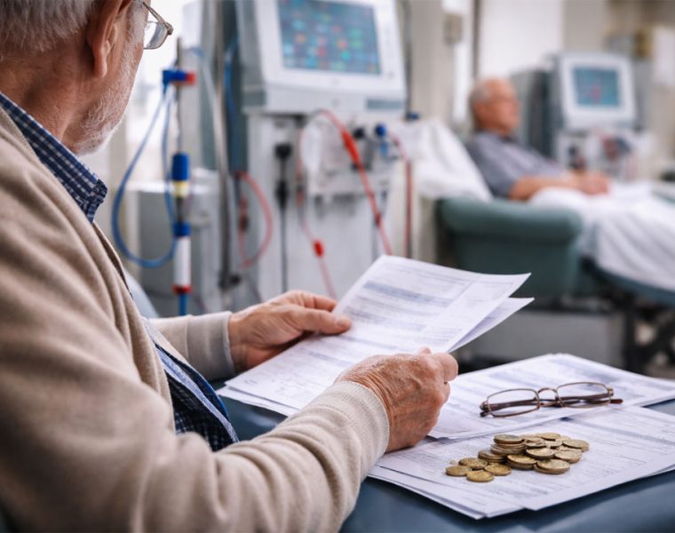 Paziente in dialisi controlla documenti e spese mediche per rimborsi nefropatici in ritardo