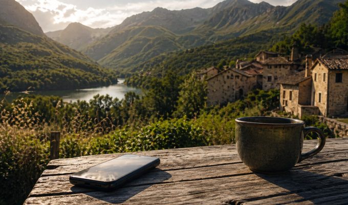 Vacanze senza telefono in un borgo di montagna con tazza e smartphone su tavolo in legno al tramonto