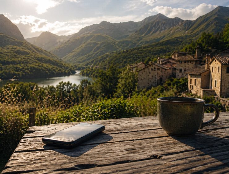 Vacanze senza telefono in un borgo di montagna con tazza e smartphone su tavolo in legno al tramonto