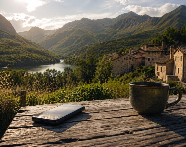Vacanze senza telefono in un borgo di montagna con tazza e smartphone su tavolo in legno al tramonto