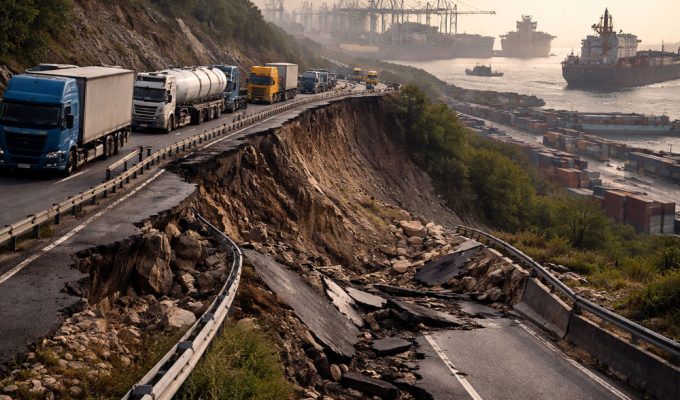 crisi trasporto mondiale Italia con frana autostrada e camion fermi