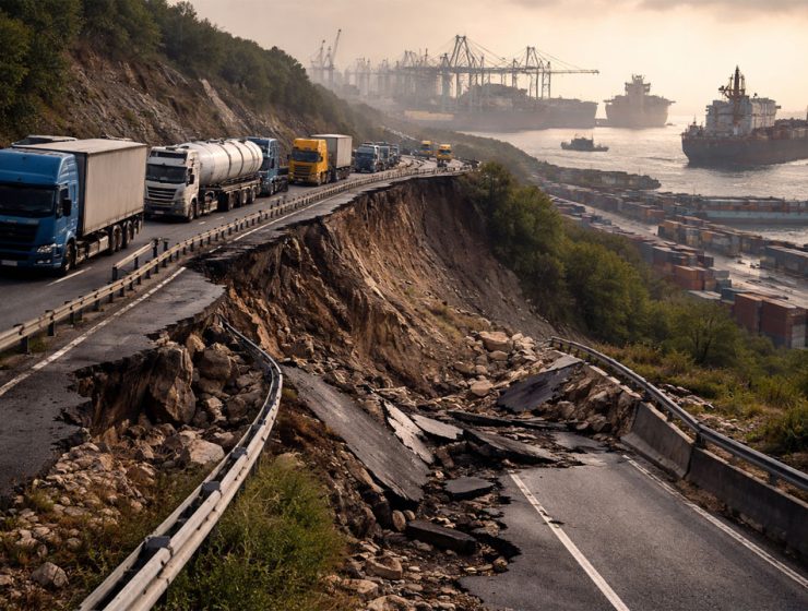 crisi trasporto mondiale Italia con frana autostrada e camion fermi