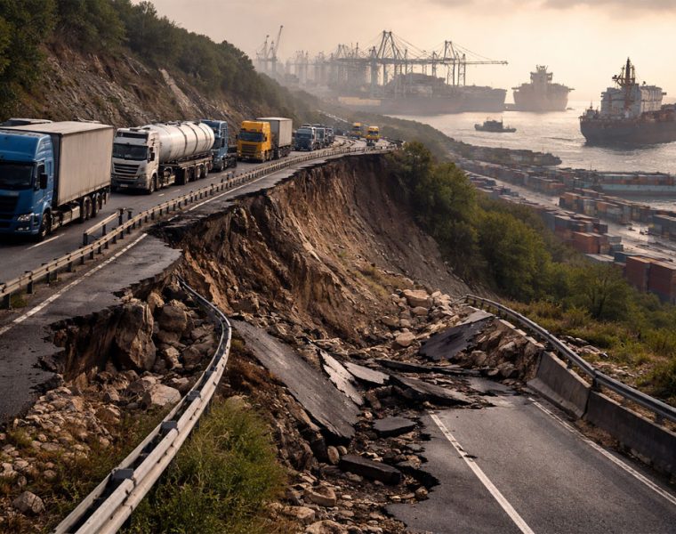 crisi trasporto mondiale Italia con frana autostrada e camion fermi