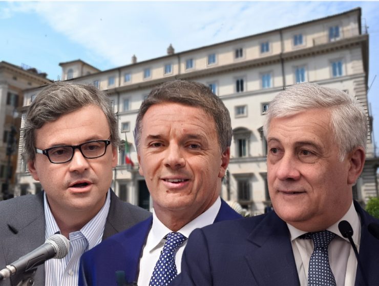 Leader del grande centro nella politica italiana tra Calenda, Renzi e Tajani davanti a Palazzo istituzionale