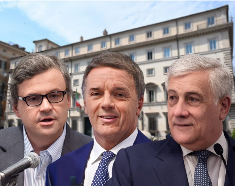 Leader del grande centro nella politica italiana tra Calenda, Renzi e Tajani davanti a Palazzo istituzionale