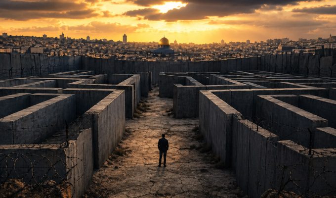 Labirinto di muri e filo spinato davanti alla città di Gerusalemme al tramonto, simbolo del conflitto e della guerra permanente
