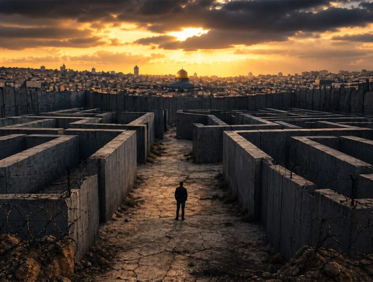 Labirinto di muri e filo spinato davanti alla città di Gerusalemme al tramonto, simbolo del conflitto e della guerra permanente