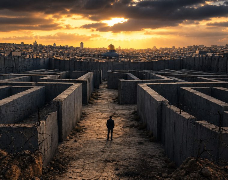 Labirinto di muri e filo spinato davanti alla città di Gerusalemme al tramonto, simbolo del conflitto e della guerra permanente