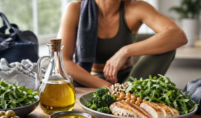 Olio extravergine metabolismo sport in un pasto sano dopo l’allenamento con verdure, pollo e legumi