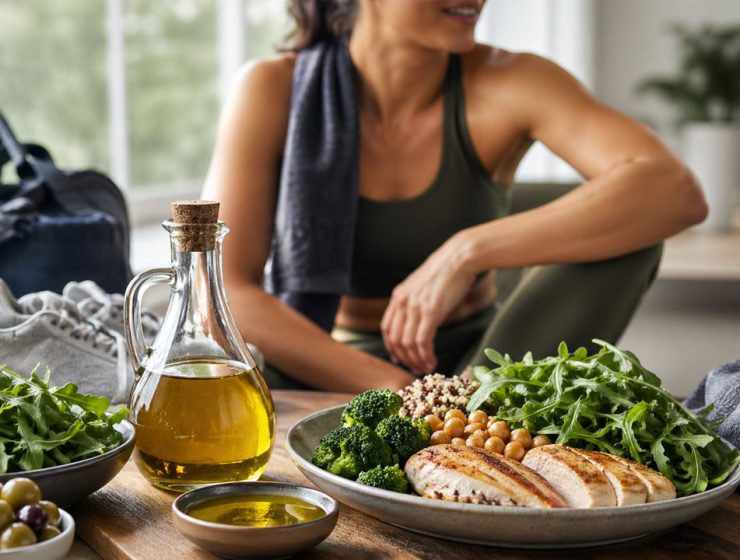 Olio extravergine metabolismo sport in un pasto sano dopo l’allenamento con verdure, pollo e legumi