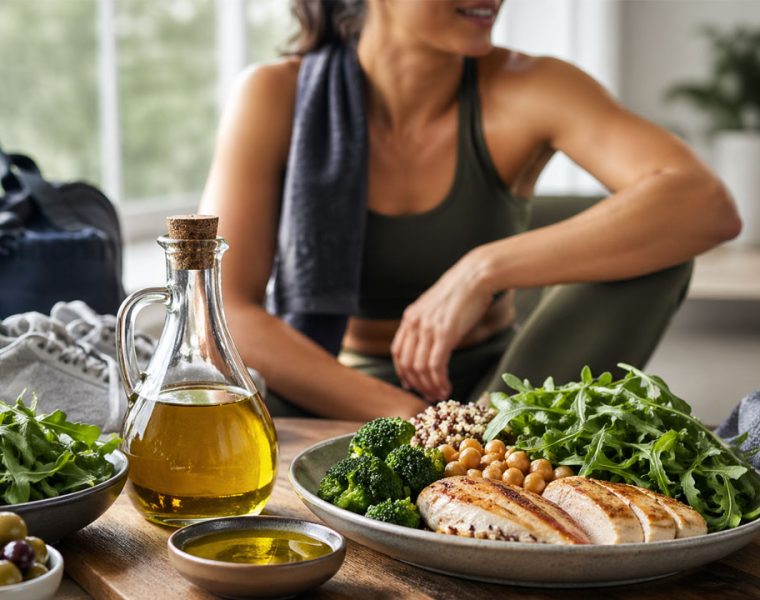 Olio extravergine metabolismo sport in un pasto sano dopo l’allenamento con verdure, pollo e legumi