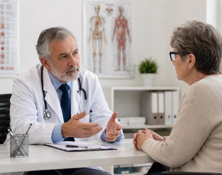Medico di famiglia visita paziente in ambulatorio durante consulenza sanitaria