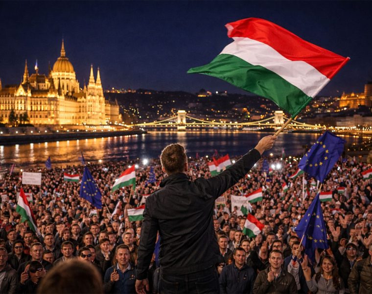 Il risveglio delle coscienze europee con folla e bandiere in Ungheria