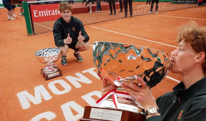 Jannik Sinner bacia il trofeo del Montecarlo 2026 sulla terra rossa