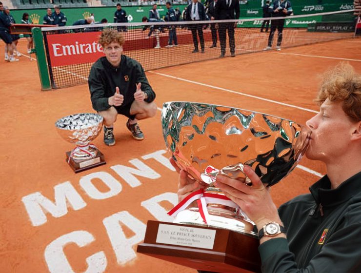 Jannik Sinner bacia il trofeo del Montecarlo 2026 sulla terra rossa