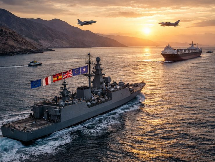 Stretto di Hormuz con navi militari e petroliera in un contesto di tensione internazionale