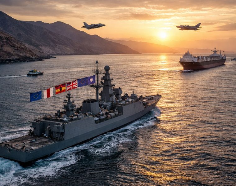Stretto di Hormuz con navi militari e petroliera in un contesto di tensione internazionale