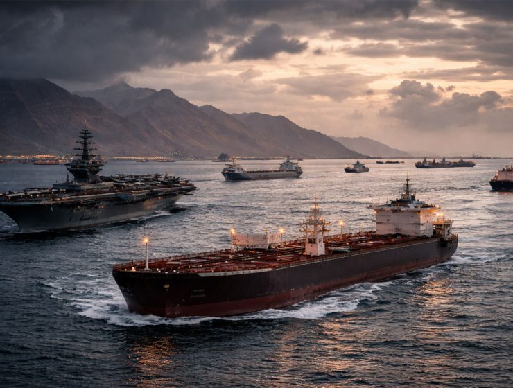 Stretto di Hormuz con petroliere e navi militari durante la tregua USA Iran globale