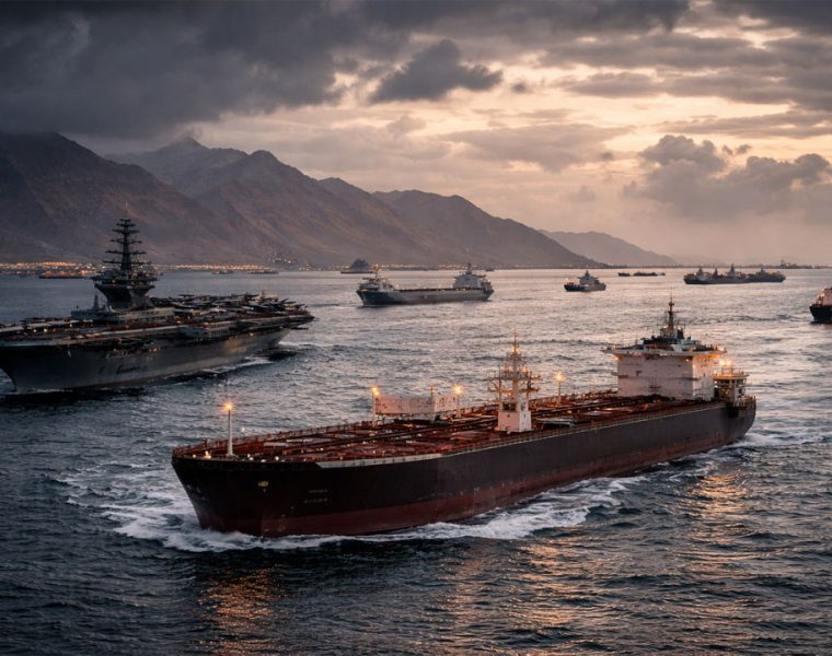 Stretto di Hormuz con petroliere e navi militari durante la tregua USA Iran globale