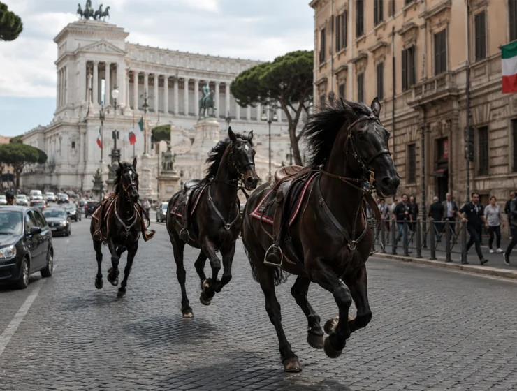 Cavalli in fuga a Roma davanti al Vittoriano negli 80 anni della Repubblica